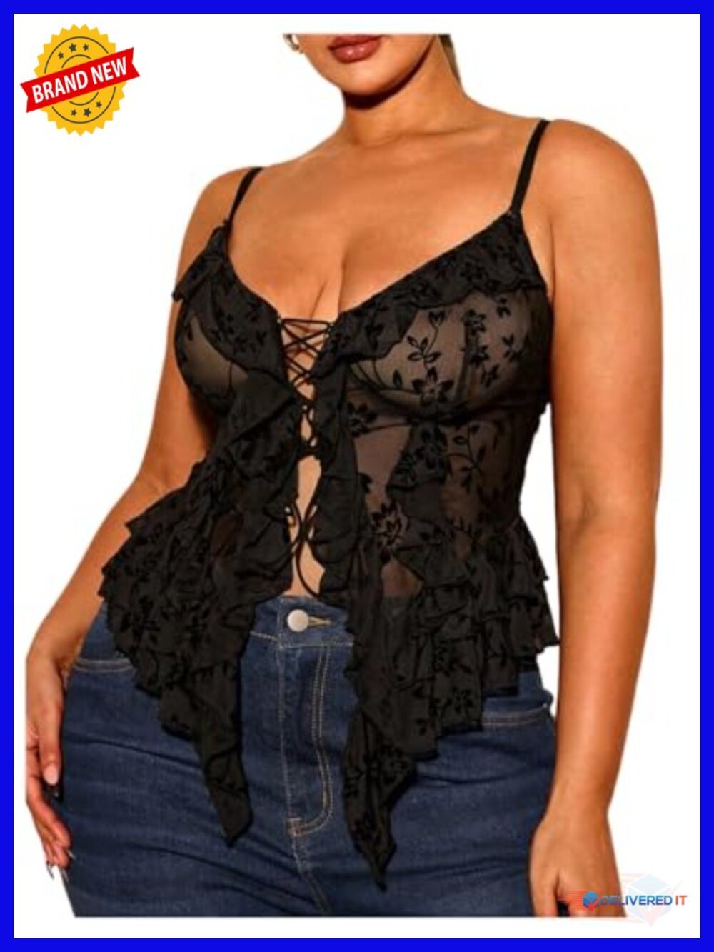 Plus Size Lace Up Sheer Mesh Ruffle Trim Cami Top